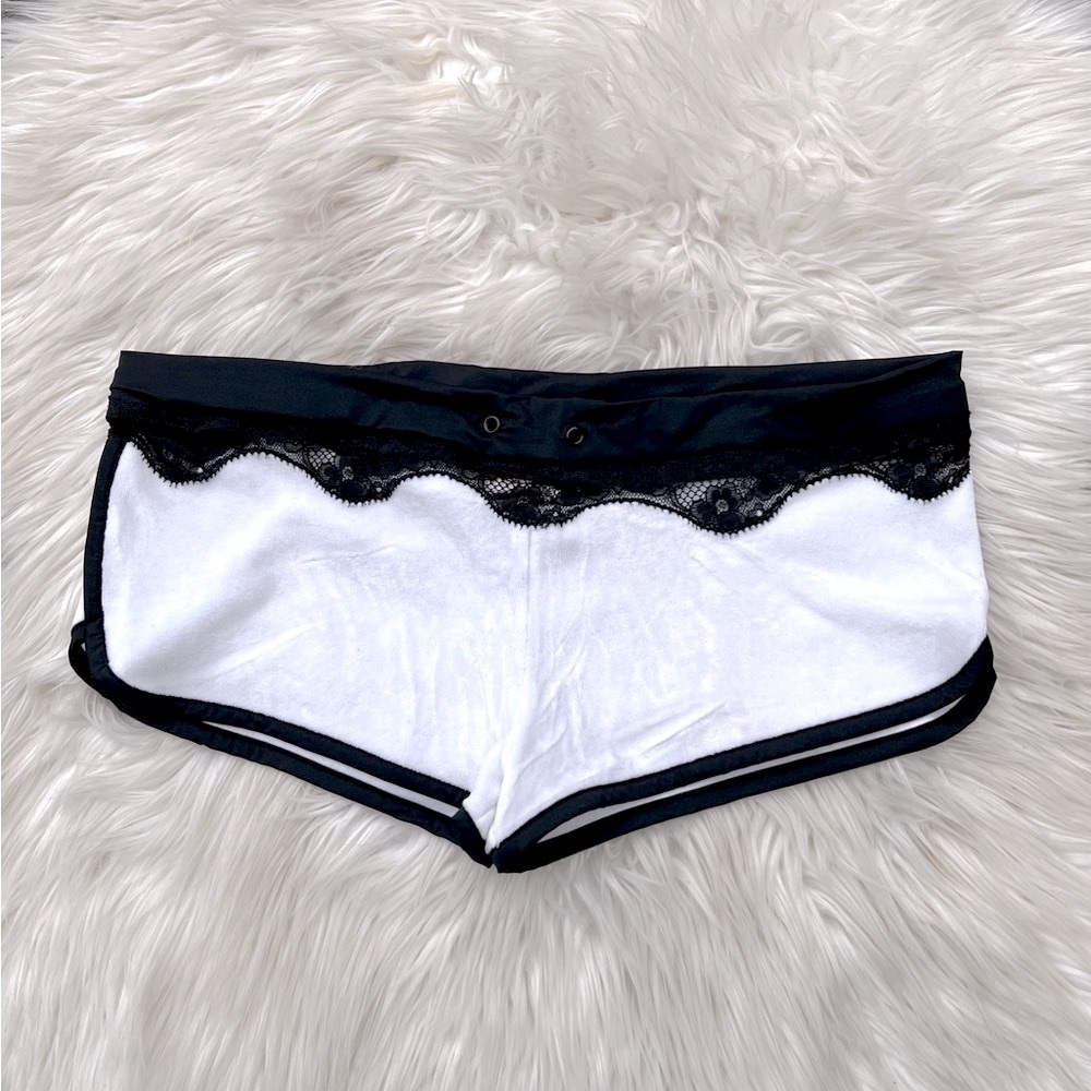 Victoria’s Secret Very Sexy White Velour Black Lace Dolphin Shorts
